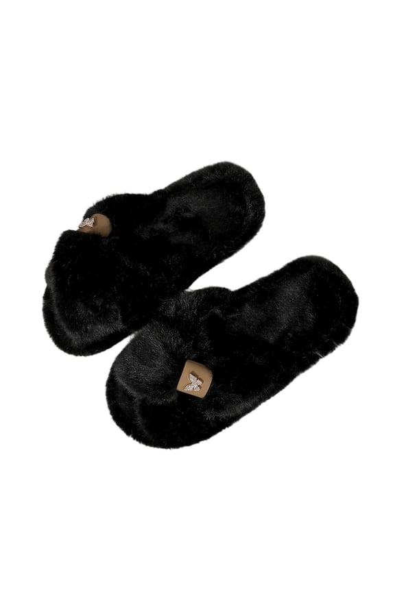 Women Cross Strap Rhinestone Accent Fluffy Open Toe Slippers, Soft Warm Winter Indoor Slides, Minimalist Trendy Daily Comfort Ladies Casual House Sandals Black 36