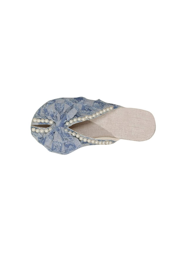 Women Denim Pearl Bow Flats Ladies Slip On Flat Sandals Beaded Beach Shoes Summer Loafers Female Mules Sky Blue 36