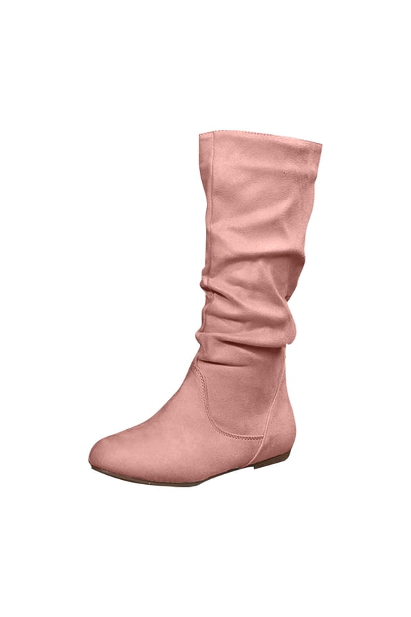 Women Flat Stacked Mid Calf Boots, Soft Suede Side Zipper Slouch Stretchy Fall Daily Casual Fashion Booties Pink 41
