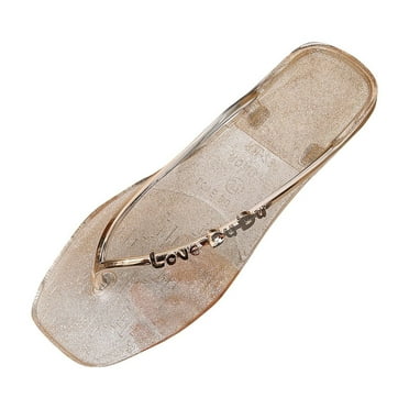KIJBLAE Women Jelly Sandals Transparent Gold Bling Flip Flops Beach Shoes Non-Slip Square Toe Flats Summer Ladies Sandals Gold 36