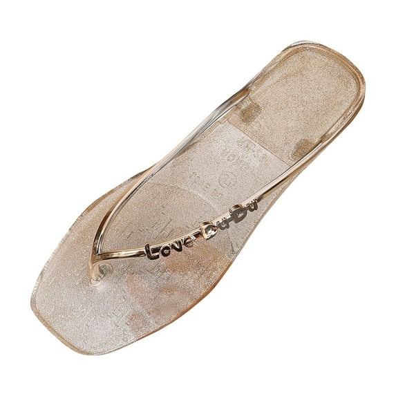 KIJBLAE Women Jelly Sandals Transparent Gold Bling Flip Flops Beach Shoes Non-Slip Square Toe Flats Summer Ladies Sandals Gold 41