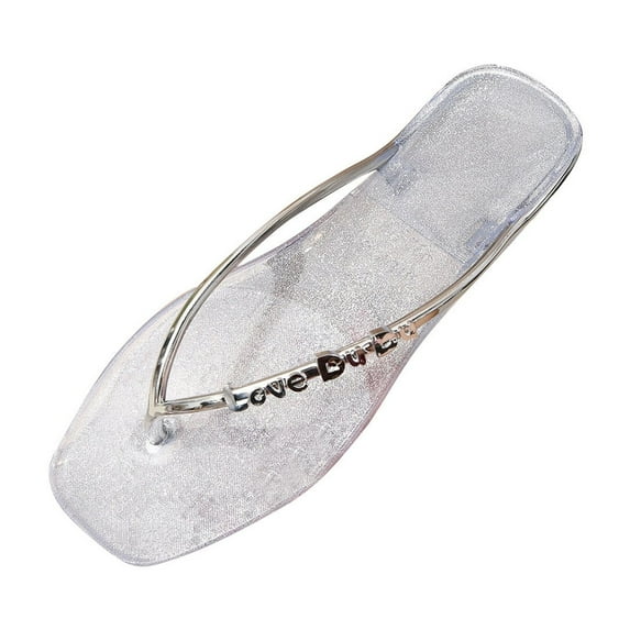 KIJBLAE Women Jelly Sandals Transparent Gold Bling Flip Flops Beach Shoes Non-Slip Square Toe Flats Summer Ladies Sandals Silver 36