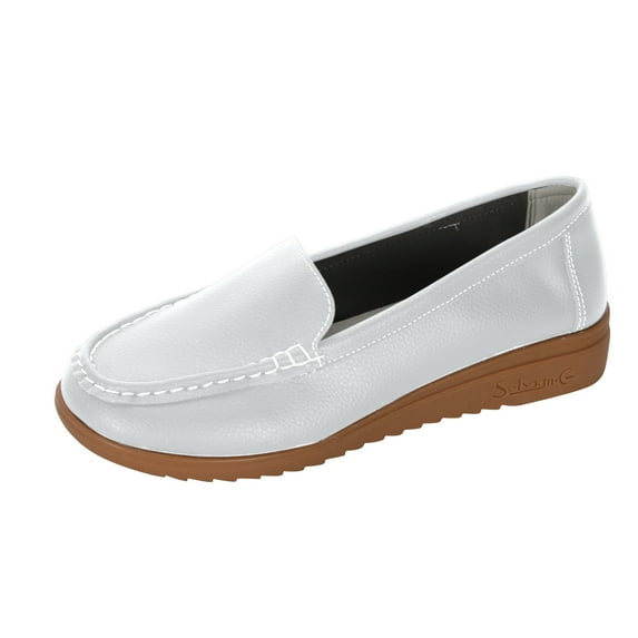 KIJBLAE Women Leather Loafers Shoes Breathable Slip on Flat Moccasins Boat Shoes Comfort Driving Walking Shoes White 42