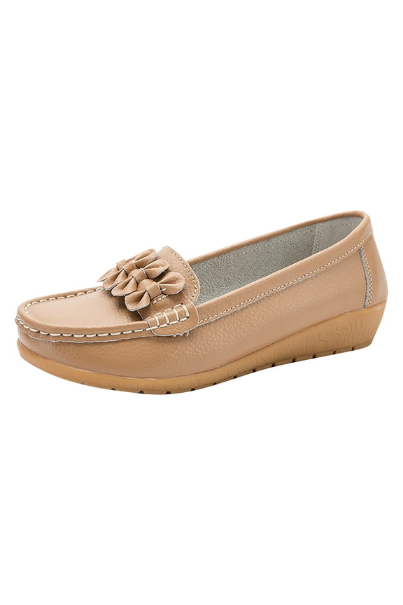 Women Loafers Leather Shoes Bowknot Decor Breathable Flats Comfort Slip-On Moccasins Driving Boat Shoes Khaki 43