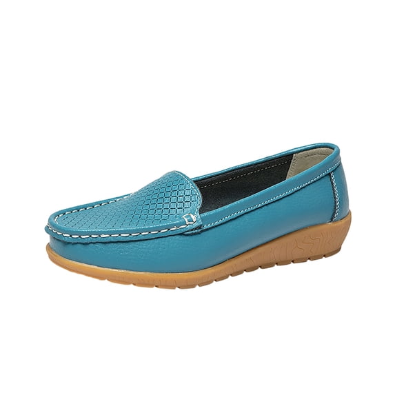 KIJBLAE Women Loafers Shoes Leather Moccasins Slip On Flats Comfort Driving Walking Boat Shoes Light Blue 42