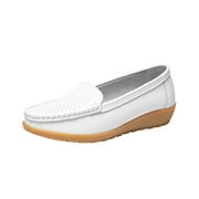 KIJBLAE Women Loafers Shoes Leather Moccasins Slip On Flats Comfort Driving Walking Boat Shoes White 35