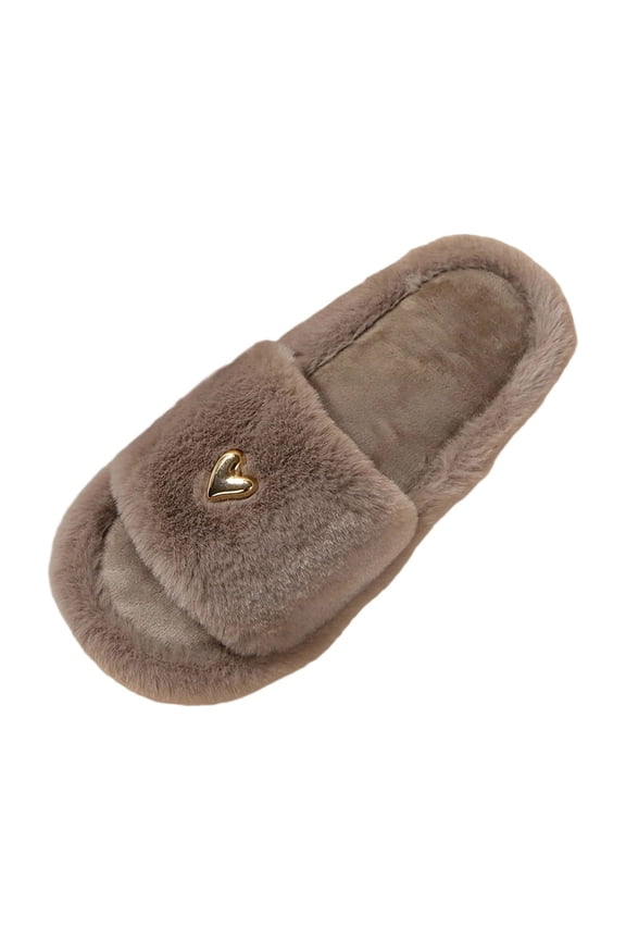 Women Metal Heart Badge Fluffy Open Toe Slippers, Fashion Casual Soft Flat Warm Winter Indoor Slides, Trendy Daily Comfort Lightweight Ladies House Footwear Brown 36