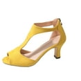 thumbnail image 1 of KIJBLAE Women Peep Toe Chunky Heel Sandals Yellow Suede Ankle Strap T-Strap Stiletto High Heels Dress Sandals Shoes Party Wedding Yellow 38, 1 of 9