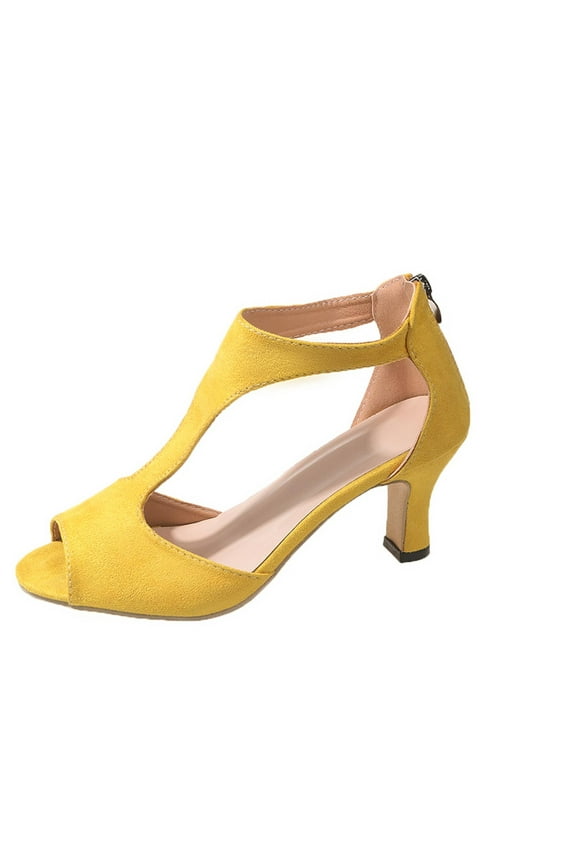 Women Peep Toe Chunky Heel Sandals Yellow Suede Ankle Strap T-Strap Stiletto High Heels Dress Sandals Shoes Party Wedding Yellow 39