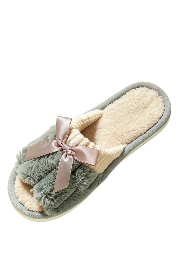 Women Satin Bow Pom Pom Decor Ribbed Open Toe Slide Slippers, Soft Warm Winter Indoor Sandals, Sweet Cute Trendy Lightweight Daily Comfort Ladies House Footwear Gray 36