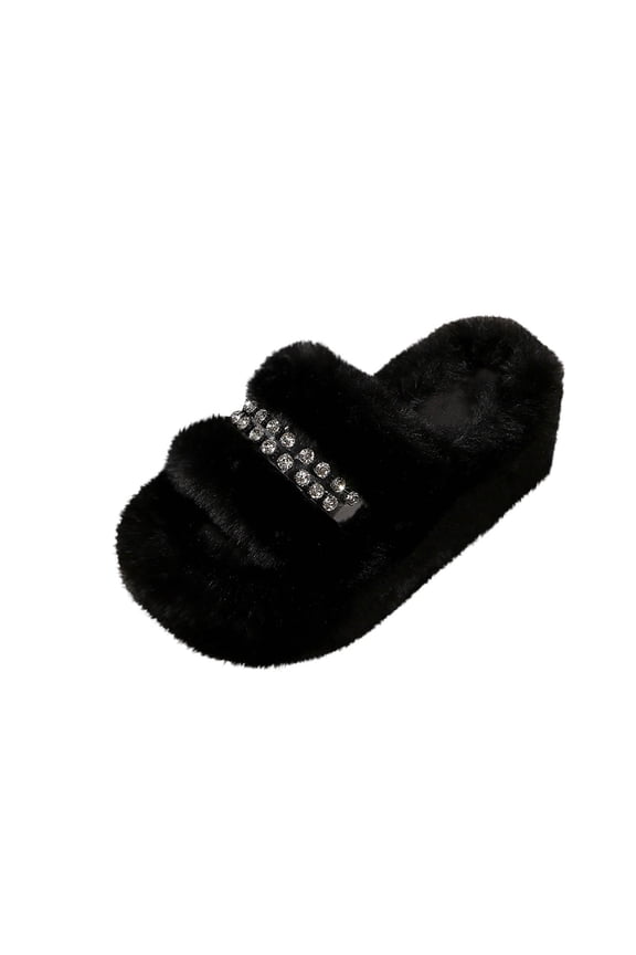 Women Single Rhinestone Strap Fluffy Open Toe Slide Slippers, Thick Slip Sole Warm Winter Indoor Sandals, Fashion Trendy Daily Outdoor Ladies House Footwear Black 38