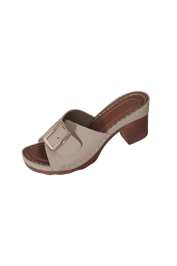 Women Summer Buckle Strap Clog Sandals Chunky Heel Slip-On Mules Beach Shoes Ladies Slippers Khaki 37