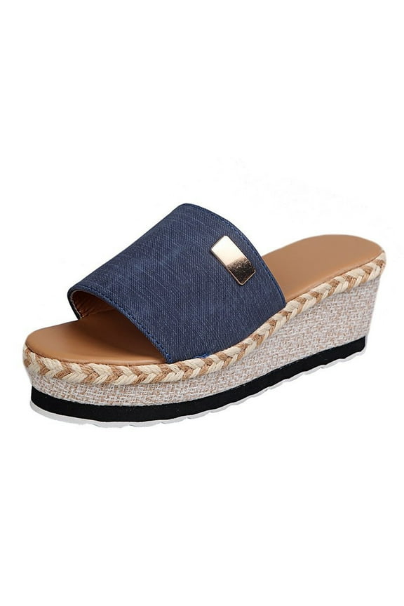 Women Summer Denim Wedge Sandals Open Toe Slip on Beach Shoes Espadrille Straw Sandals Blue 35