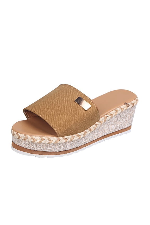 Women Summer Denim Platform Wedge Sandals Open Toe Slip on Beach Shoes Espadrille Straw Sandals Brown 37