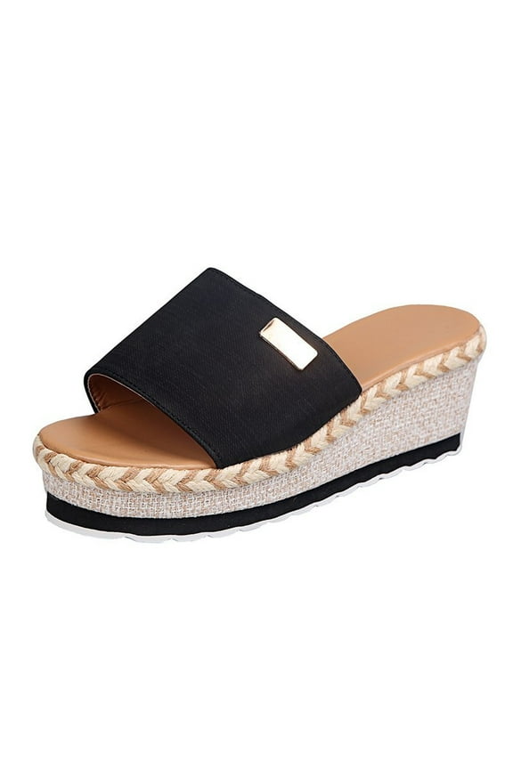 Women Summer Denim Wedge Sandals Open Toe Slip on Beach Shoes Espadrille Straw Sandals Black 39