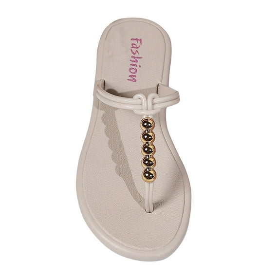 KIJBLAE Women Summer Fashion Beach Jelly Sandals Gold Ball Decor Flat Flip Flops Sandals Non-Slip Thong Slippers Female Sandals Beige 37