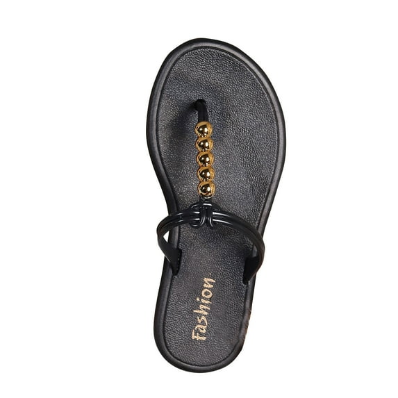 KIJBLAE Women Summer Fashion Beach Jelly Sandals Gold Ball Decor Flat Flip Flops Sandals Non-Slip Thong Slippers Female Sandals Black 41