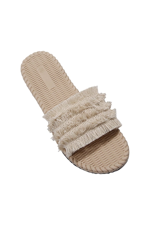Women Summer Flat Sandals Bohemian Style Beach Shoes Straw Rattan Fringe Slippers Open Toe Sandals Beige 43