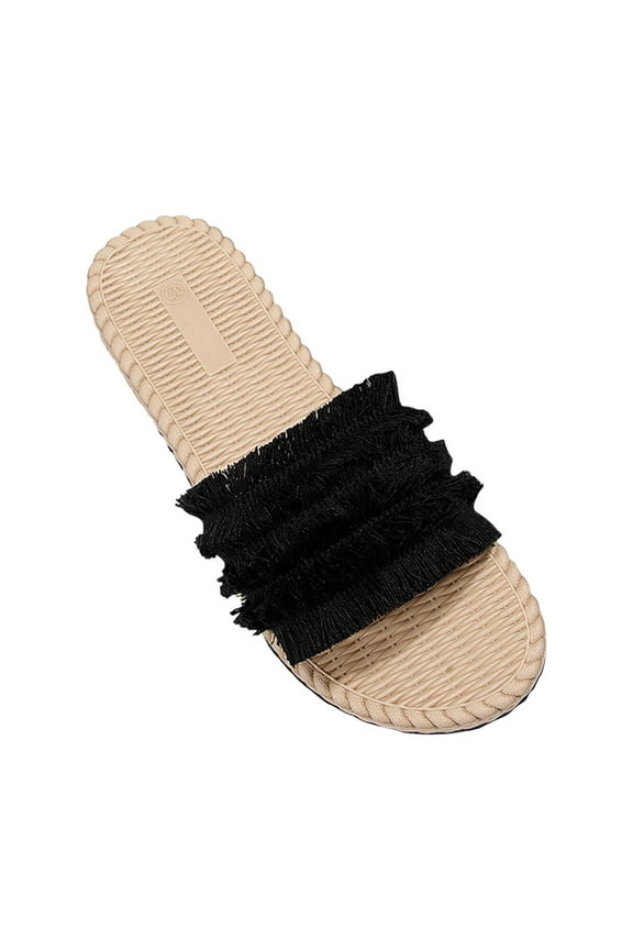 Women Summer Flat Sandals Bohemian Style Beach Shoes Straw Rattan Fringe Slippers Open Toe Sandals Black 42