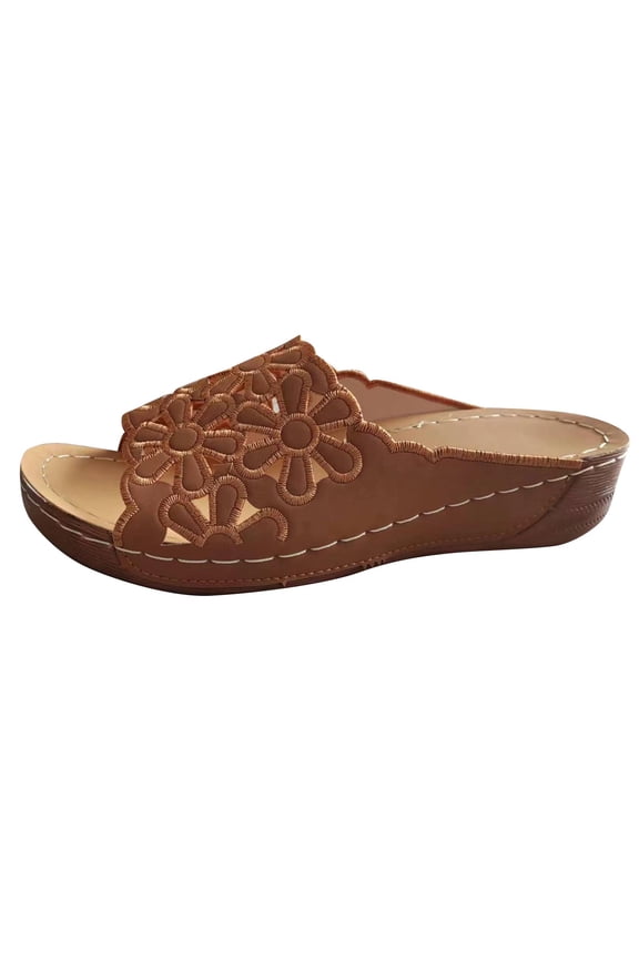 Women Summer Flat Sandals Floral Breathable Comfort Beach Shoes Ladies Flower Embroidered Wedges Non-Slip Slippers Mules Female Garden Clogs Brown 38