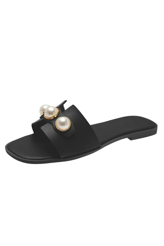 Women Summer Pearl Beaded Flat Sandals Beach Slip-On Mule Sandals Ladies Elegant Open Toe Shoes Female Slides Black 36