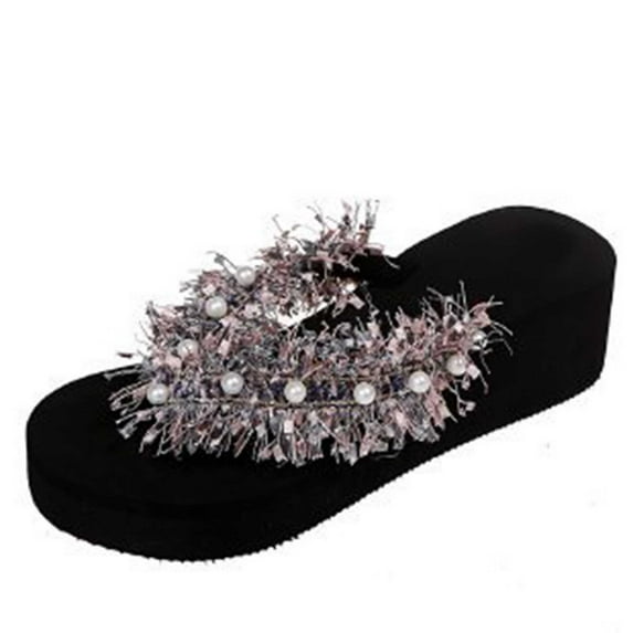 KIJBLAE Women Summer Pearl Beaded Slippers Bohemia Wedges Flip Flops Beach Sandals Shoes Female Non-Slip Home Slippers Indoor Slides Khaki 39