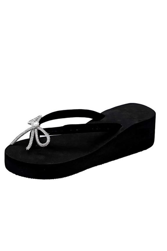 Women Summer Pearl Rhinestone Bow Sandals Flip Flops Beach Wedges Slippers Shoes Black 42