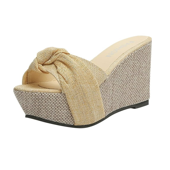 KIJBLAE Women Summer Wedges Shoes Knotted Bow Peep Toe Sandals Straw Woven Slip-On Wedges Ladies Beach Shoes Plus Size Beige 35