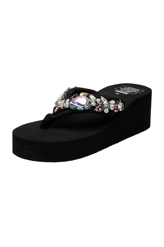 Women Summer Rhinestone Embellished Flip Flops Sandals Bling Beach Thong Flat Sandals Ladies Outdoor Non-Slip Wedges Slippers Black 36