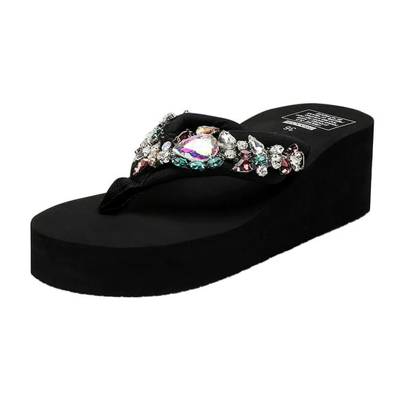 KIJBLAE Women Summer Rhinestone Embellished Flip Flops Sandals Bling Beach Thong Flat Sandals Ladies Outdoor Non-Slip Wedges Slippers Black 39
