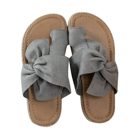 KIJBLAE Women Summer Sandals Flat Shoes Bowknot Beach Sandals Ladies Slip-On Open Toe Shoes Flats Plus Size Sandals Female Gray 37