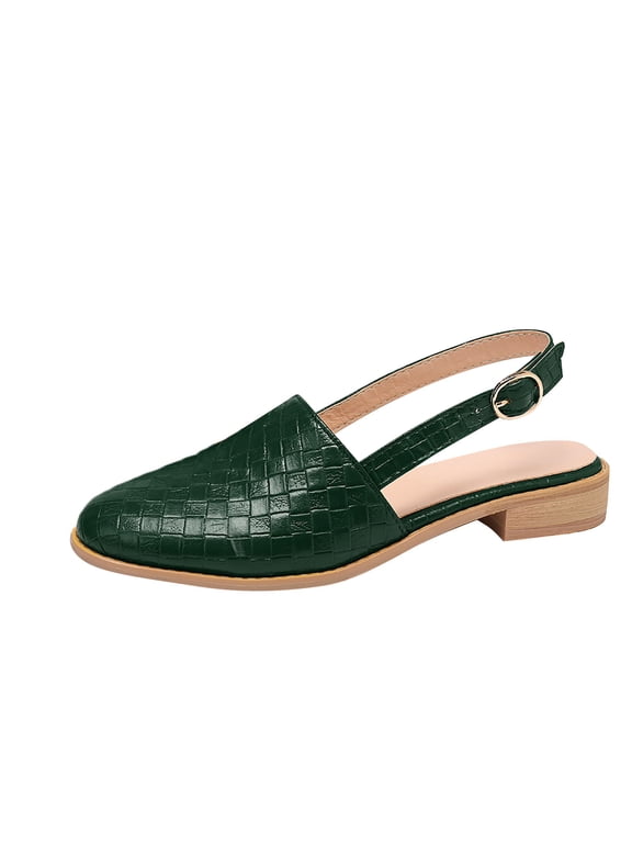 Women Summer Shoes Leather Flats Checkered Pattern Slip-On Mules Sandals Buckle Strap Slingback Pointed Toe Flat Heel Loafers Green 37