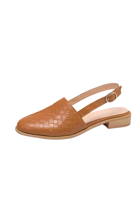 Women Summer Shoes Leather Flats Checkered Pattern Slip-On Mules Sandals Buckle Strap Slingback Pointed Toe Flat Heel Loafers Khaki 36