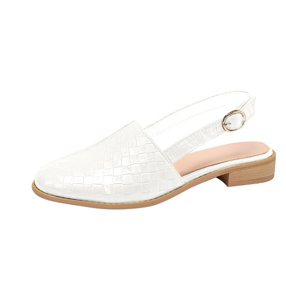 KIJBLAE Women Summer Shoes Leather Flats Checkered Pattern Slip-On Mules Sandals Buckle Strap Slingback Pointed Toe Flat Heel Loafers White 42