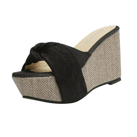 KIJBLAE Women Summer Wedges Shoes Knotted Bow Peep Toe Sandals Straw Woven Slip-On Wedges Ladies Beach Shoes Plus Size Black 36