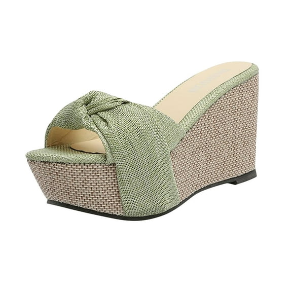 KIJBLAE Women Summer Wedges Shoes Knotted Bow Peep Toe Sandals Straw Woven Slip-On Wedges Ladies Beach Shoes Plus Size Green 37