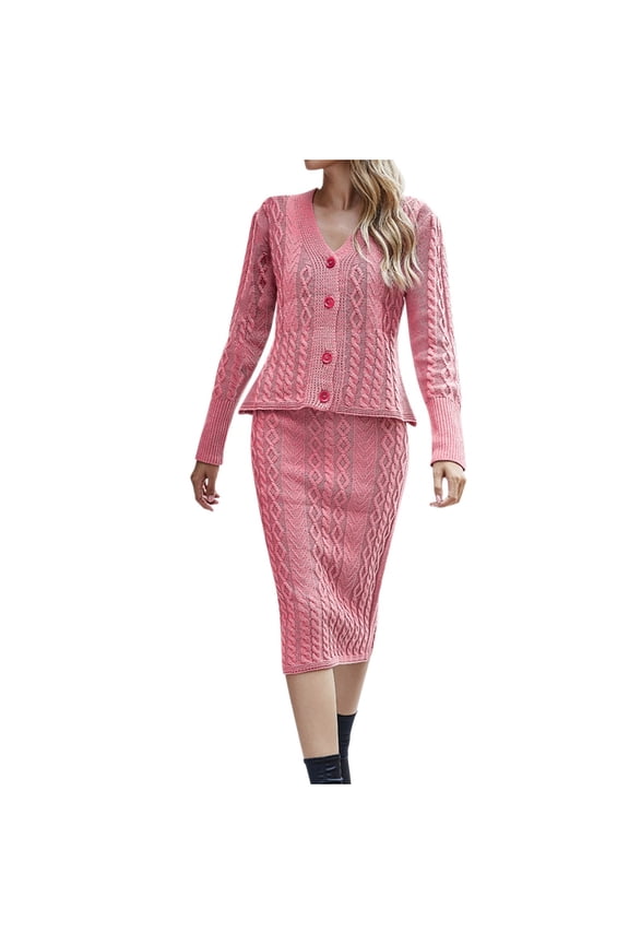 Women Sweaters Dress Sets Solid Color Sweater Top And Skirt Set Cable Knitted 2 Piece Outfits Fall Bodycon Dress Button Dowen V Neck Cardigan Pink XL