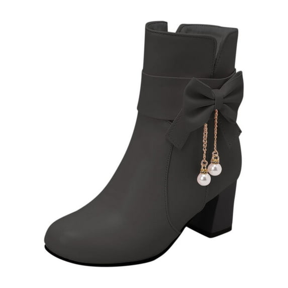 KIJBLAE Women's Ankle Boots Block Heel Bowknot Buckle Faux Leather Chunky Heel Booties Short Boots Round Toe Zipper Dress Boots Black 41