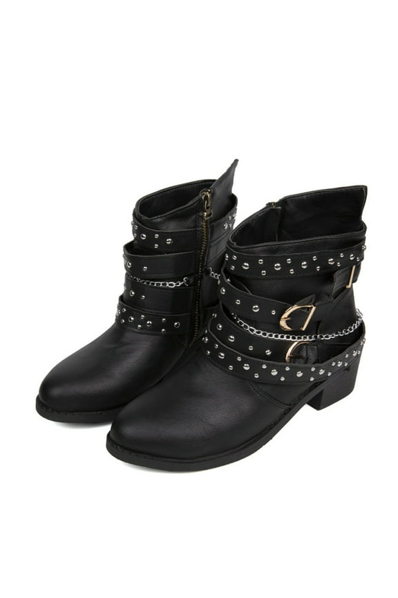 Women's Ankle Boots Faux Suede Buckles Chain Studded Low Heel Zipper Booties Black 39