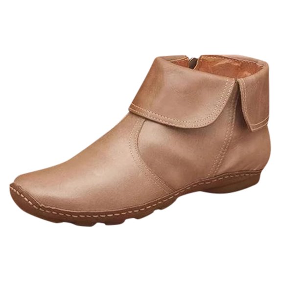 KIJBLAE Women's Ankle Boots Fold Over Zipper Boots Leather Winter Warm Shoes Non-Slip Comfortable Boots Outdoor Fashion Footwear Zipper Khaki 39