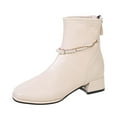 thumbnail image 1 of KIJBLAE Women's Ankle Boots Pearl Chain Decor Block Heel Pointed Toe Zipper Boots Fall Winter Shoes Comfortable Leather Ankle Booties White 39, 1 of 5