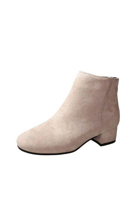 Women's Ankle Boots Suede Low Heel Block Heel Booties Zipper Back Round Toe Winter Warm Shoes Beige 35