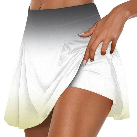 KIJBLAE Women's Athletic Comfy Stretchy Shorts Summer Pleated Tennis Skirts Multi Color Gradient Skort Ruffle A Line Flaring Sports Skirts Yellow XXL