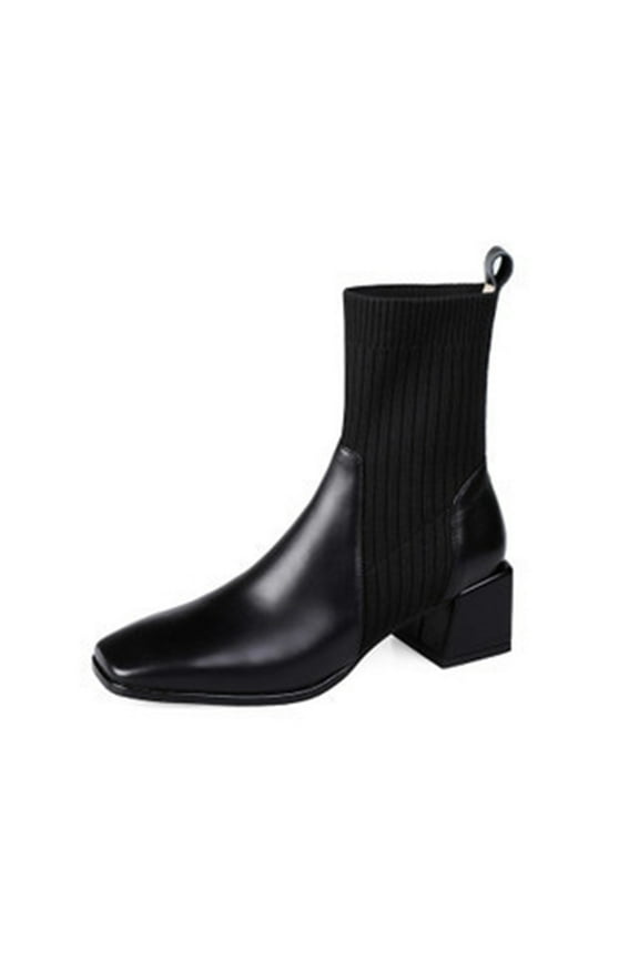 Women's Autumn Winter Sock Boots Leather Shoes Pointed Toe Stretch Fabric Ankle Boots Thick Heel Short Boots Black 42