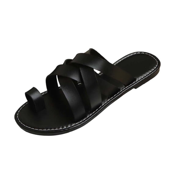 KIJBLAE Women's Basic Round Toe Clip Toe Flat Sandals, Open Toe Lightweight Casual Slippers for Beach Trip Black 41