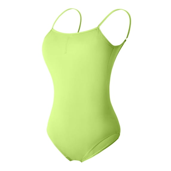 KIJBLAE Women's Basic Scoop Neck Spaghetti Strap Solid Color Stretchy Leotards Bodysuit Dancewear Gymnastics Ballet Undershirts Green M