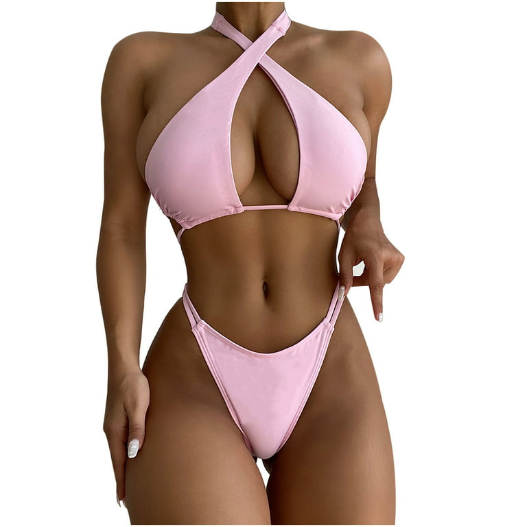 Reduced Women's Bikini Swimsuit Hollow Out Swimwear Sets Solid Color  Beachwear Cross Strappy Halter Bathing Suit Summer Fashion Cozy Outfits for  Girls Female Leisure Blue S 
