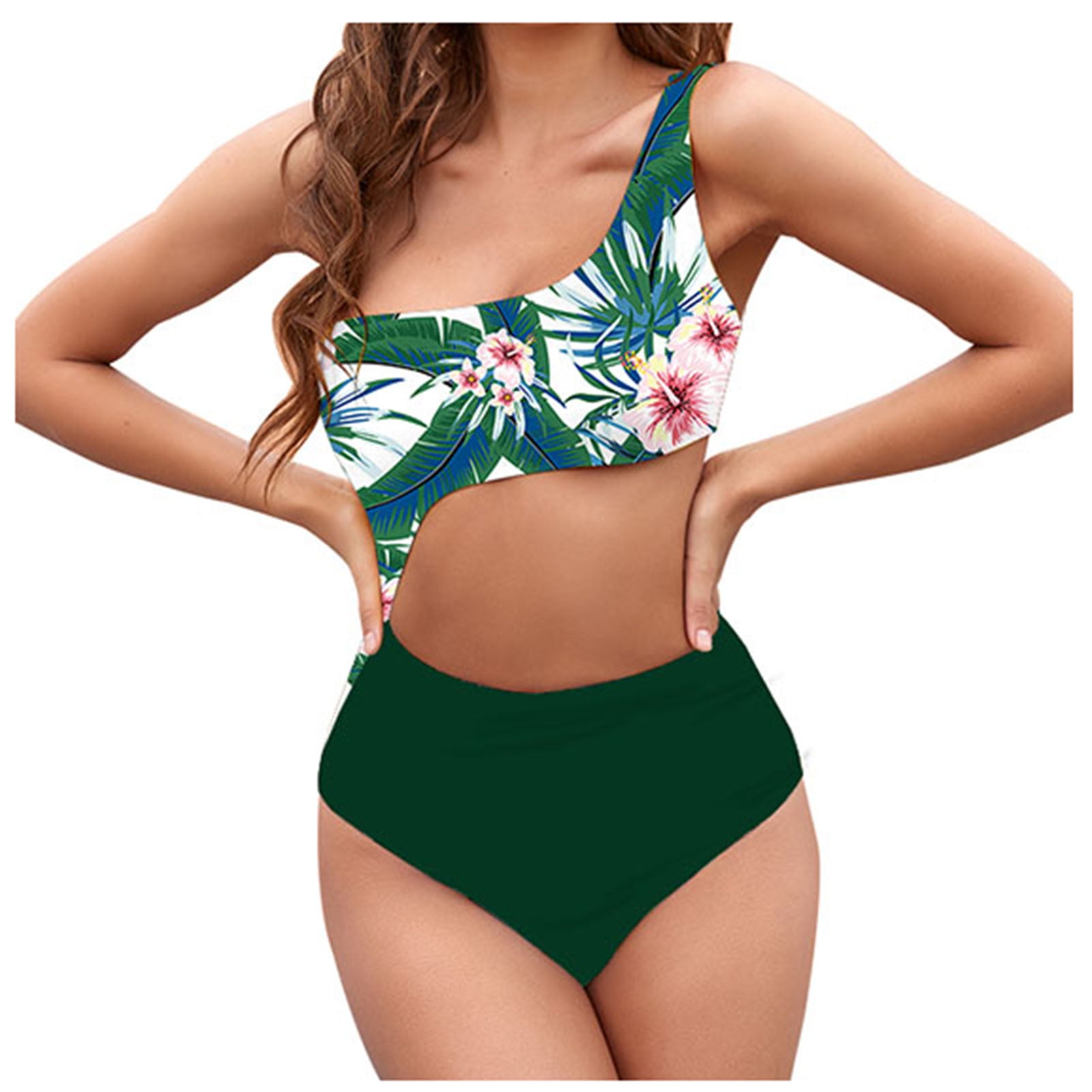 KIJBLAE Women's Bikini Swimsuit Hawaiian Tropical Print Beachwear Oblique  Strappy Bathing Suit Summer Fashion Cozy Outfits for Girls One Shoulder  Swimwear Sets Discount Green S 