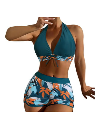 KIJBLAE Women's Tankini Swimsuit Hawaiian Tropical Print Beachwear Halter  Front Bow Swing Bathing Suit Tummy Control Tunic Swimwear Sets Summer Beach  Outfits for Girls Sales Purple XL 