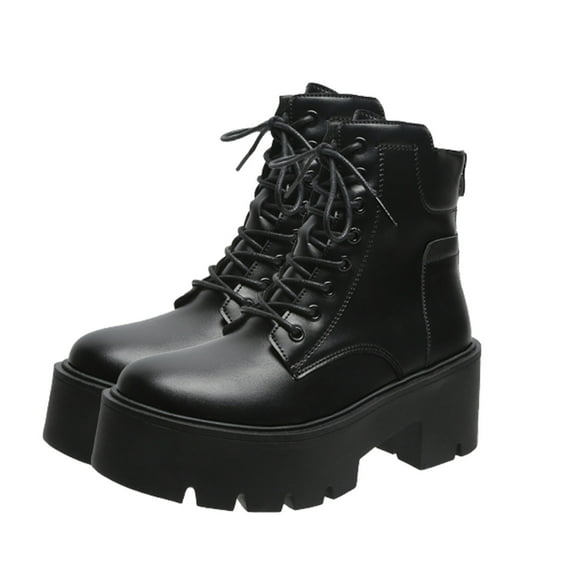 KIJBLAE Women's Black Chunky Boots Side Zipper Lace Up Short Boots Round Toe Punk Goth Booties Winter Shoes Black 39
